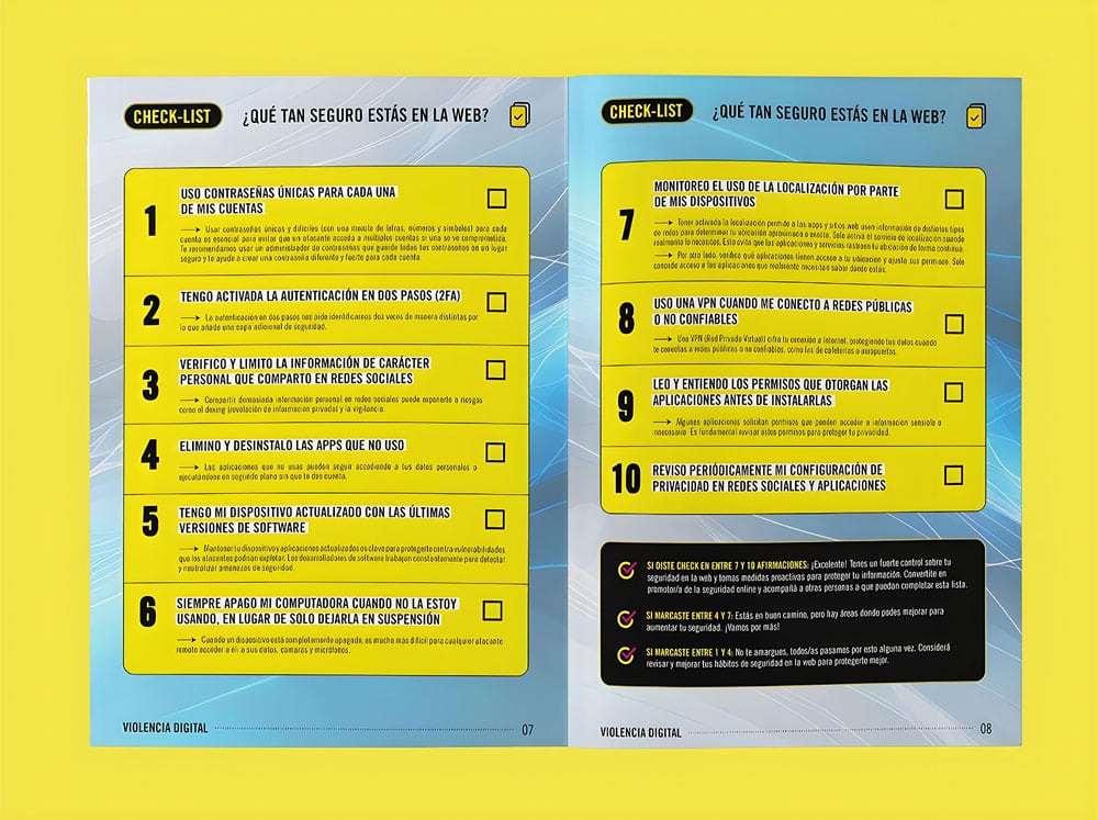 Mockup de página de checklist de seguridad digital para proyecto de Amnistía Internacional.