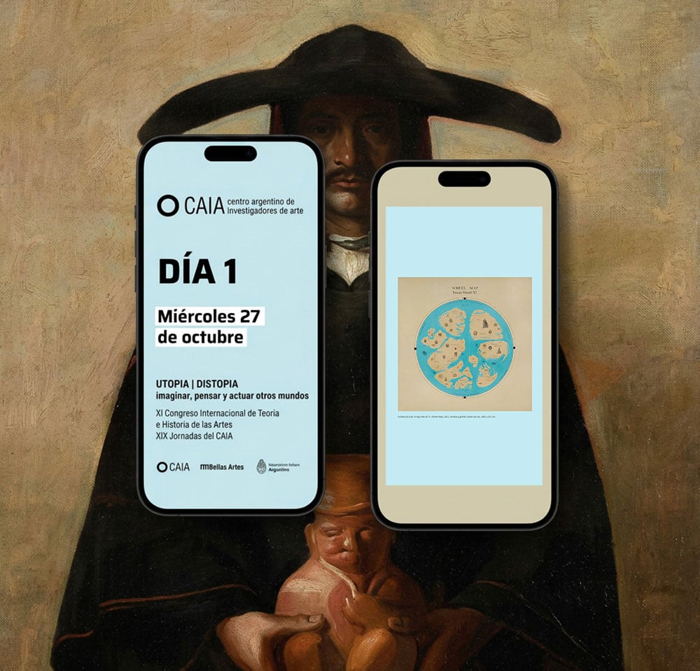 Mockup de pantallas de móvil para proyecto del CAIA con información del día 1 y programación.