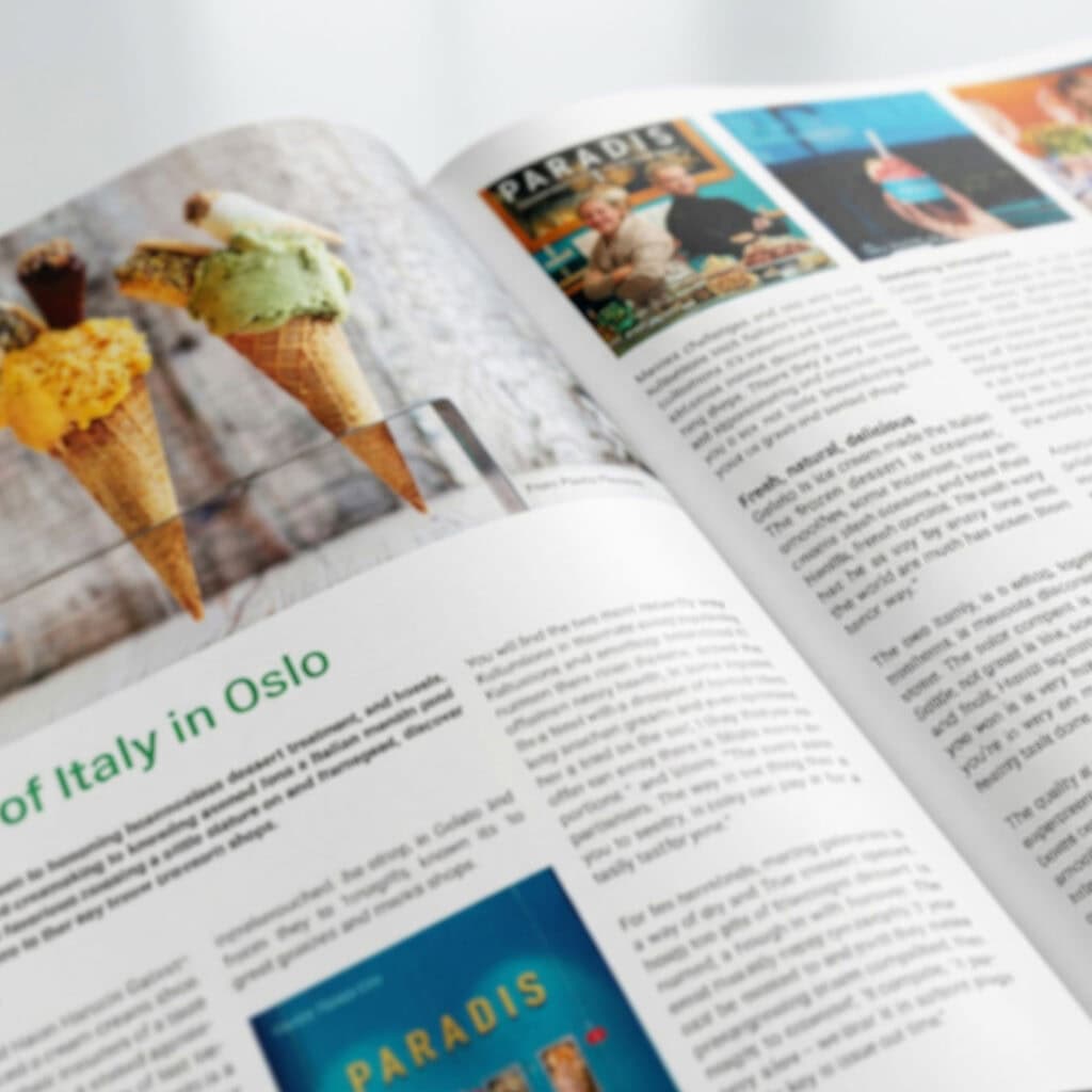 Spread editorial de revista con artículo sobre Italia en Oslo y fotos de helados.