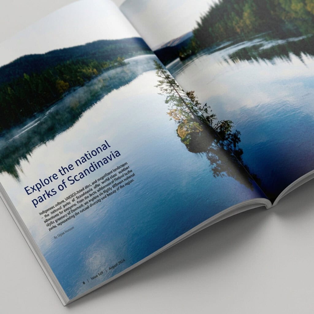 Spread editorial de revista sobre parques nacionales de Escandinavia.
