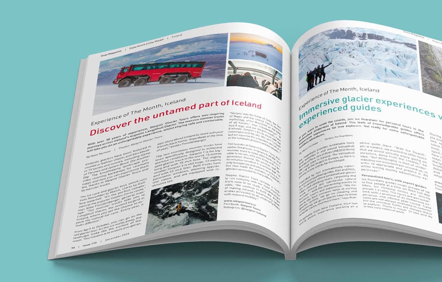 Mockup de publicación editorial para proyecto sobre Islandia.
