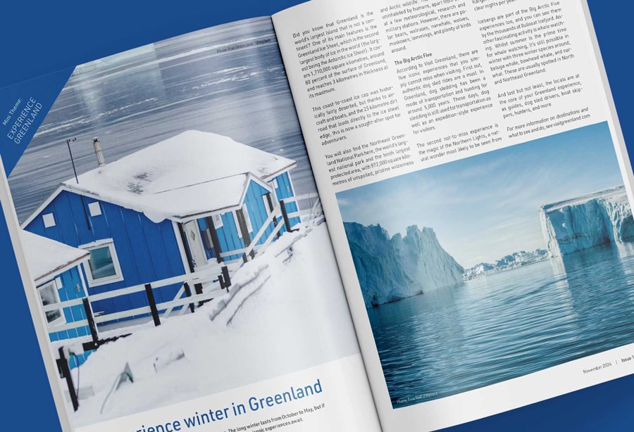 Doble página de revista con fotografía de paisaje invernal en Groenlandia y texto.